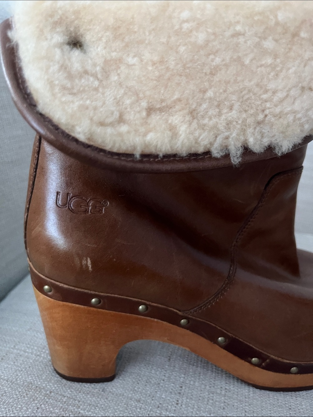 UGG Brown Leather Clog Heeled Boots - Picture 12 of 12